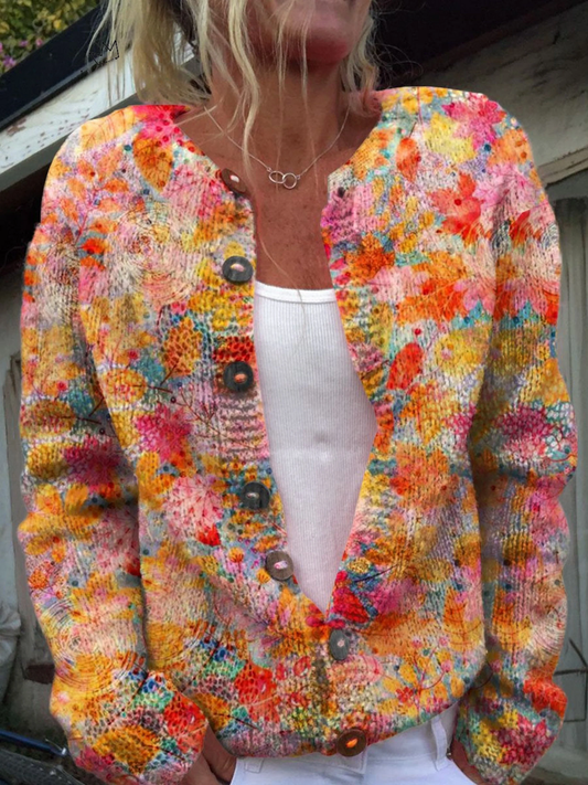 Gilet cardigan en maille vintage multicolore à boutons, encolure en V