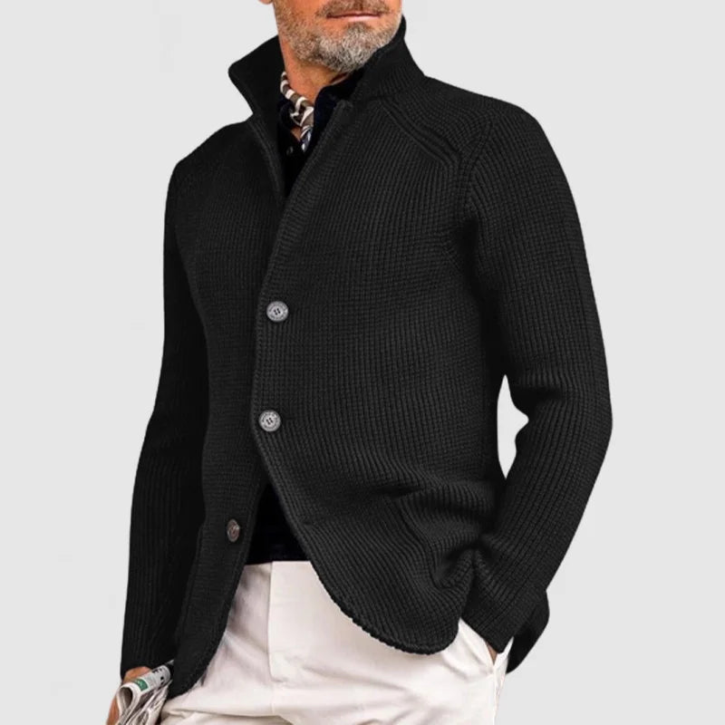 Cardigan homme col montant boutonné, maille texturée noire