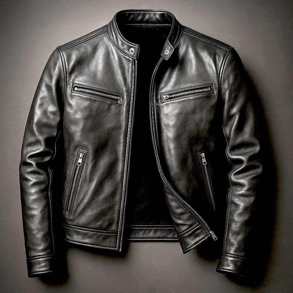 Veste vintage en cuir sombre zippée, fermeture centrale, poches zippées verticales