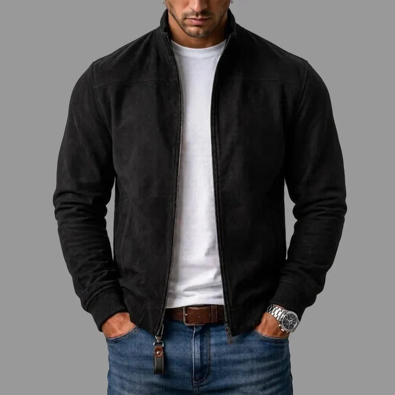 Blouson bomber noir à fermeture zippée, col montant et poignets côtelés