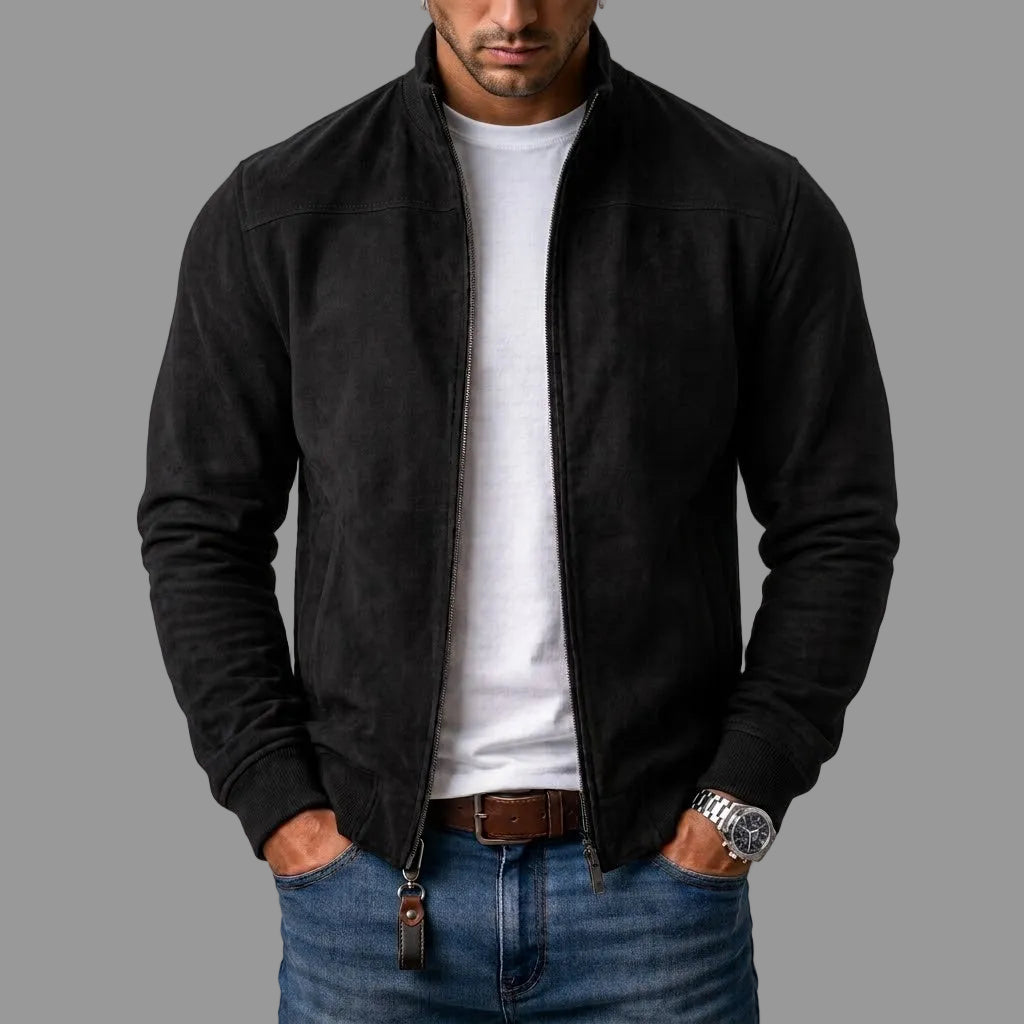 Blouson bomber en suédine noir, zip frontal, col montant et poignets côtelés