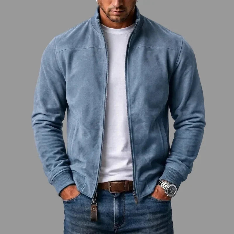 Blouson bomber bleu ciel à fermeture zippée, col montant et poignets côtelés
