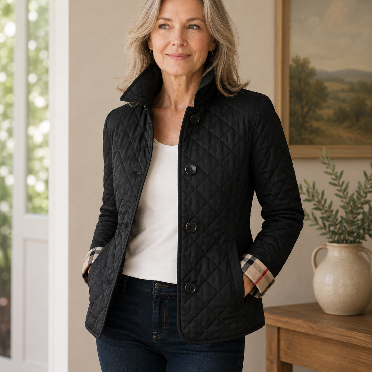 Veste Chloé matelassée noire, col haut, fermeture à boutons devant