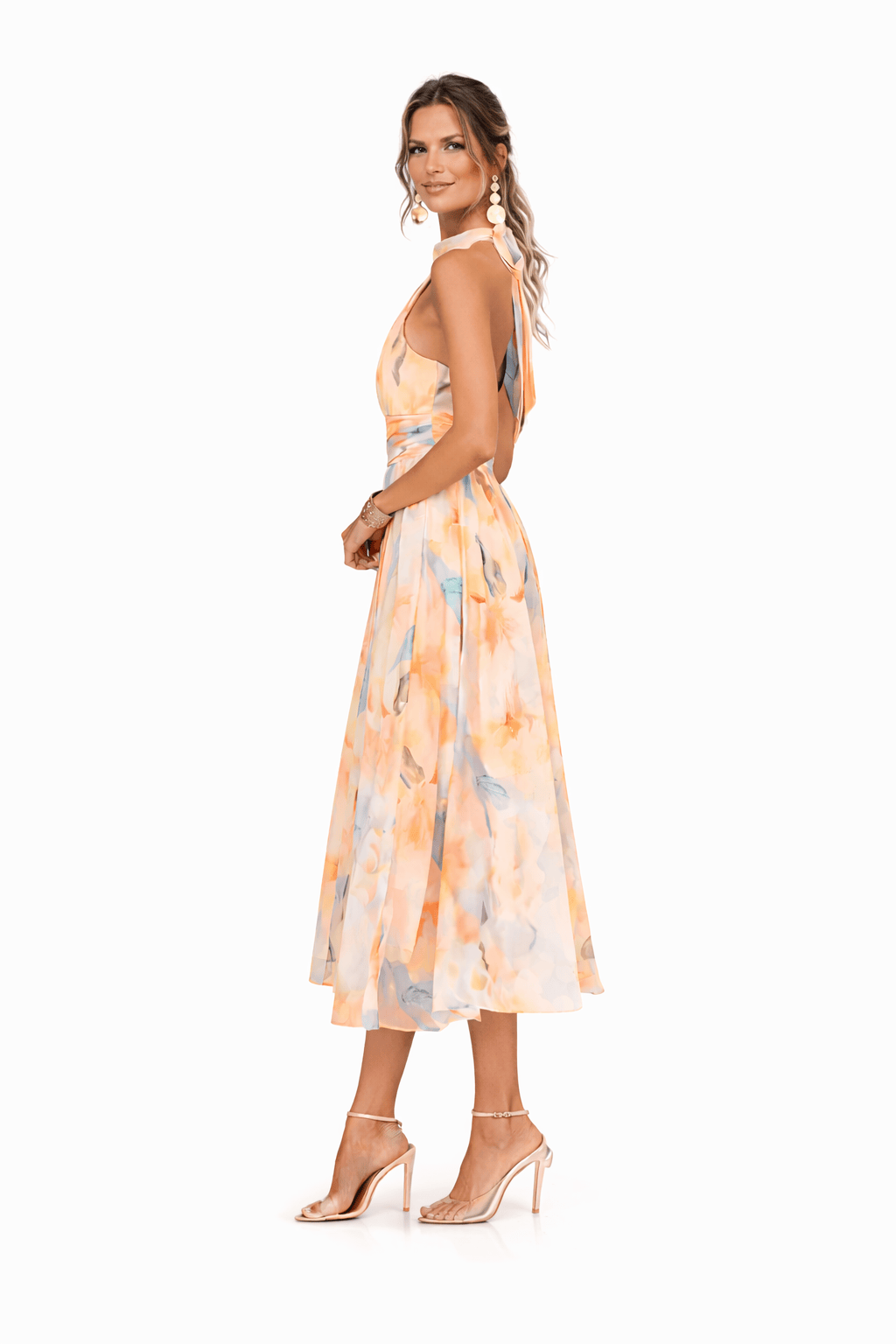 Robe mi-longue évasée sans manches, col américain, imprimé aquarelle multicolore
