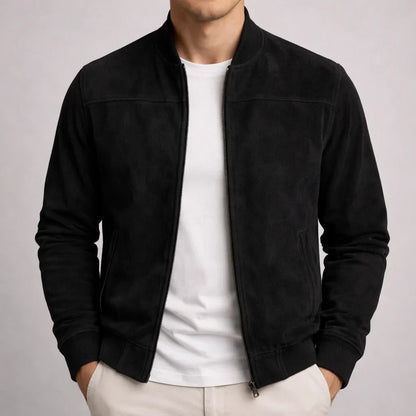 Blouson bomber moderne noir en tissu suédé, fermeture zippée, col et poignets côtelés
