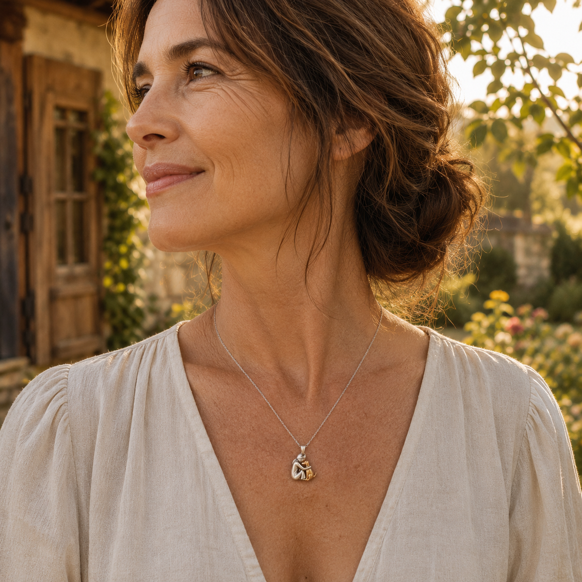 Collier fin à pendentif chat, chaîne discrète, porté par une personne.