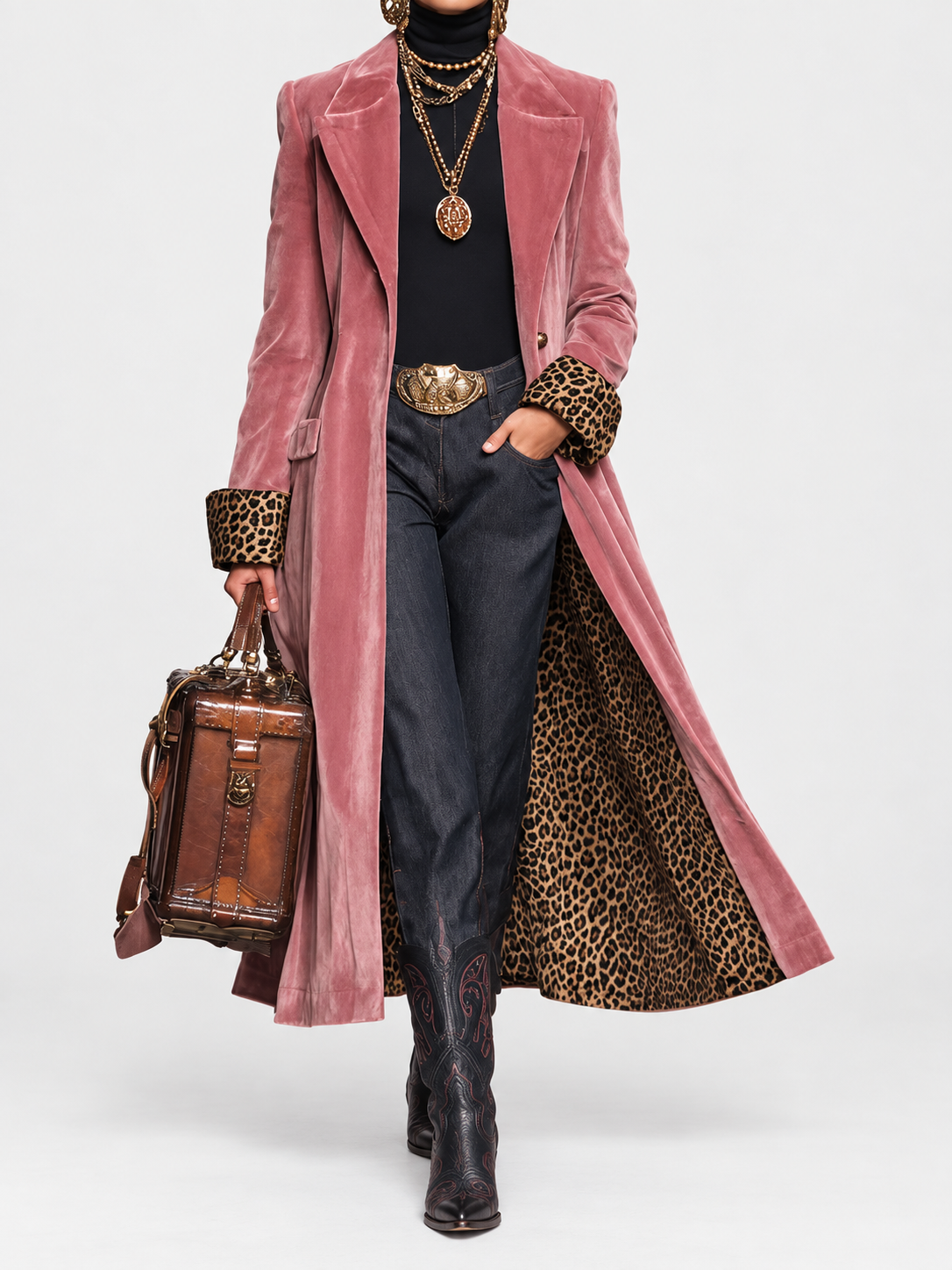 Manteau long rose poudré, col revers et ouverture devant, longueur mi-mollet.