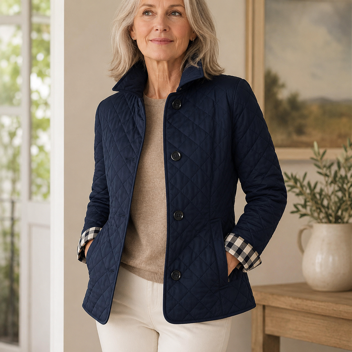 Veste Chloé matelassée bleu marine, col montant, fermeture boutonnée devant