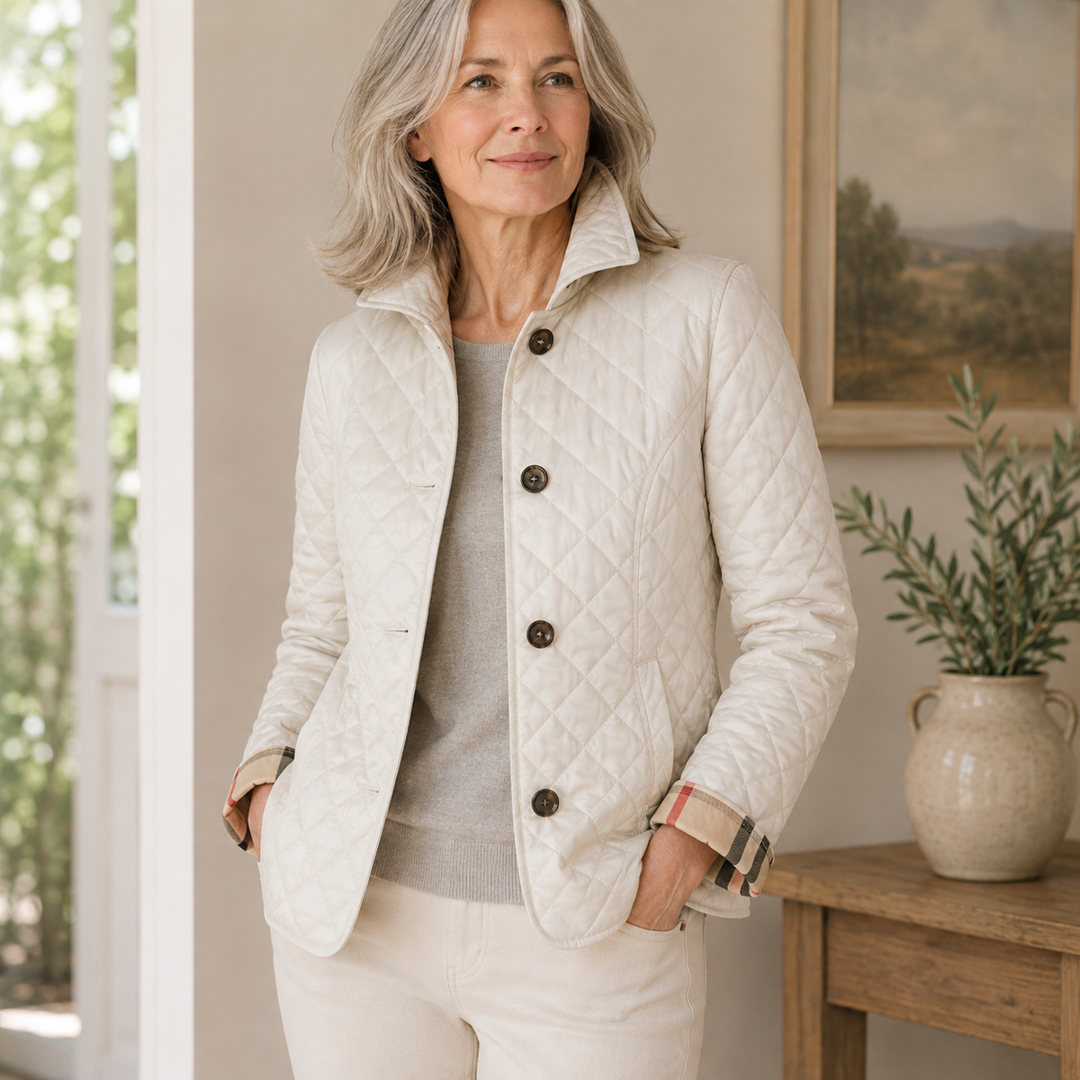 Veste Chloé matelassée blanche, col relevé, fermeture boutonnée devant