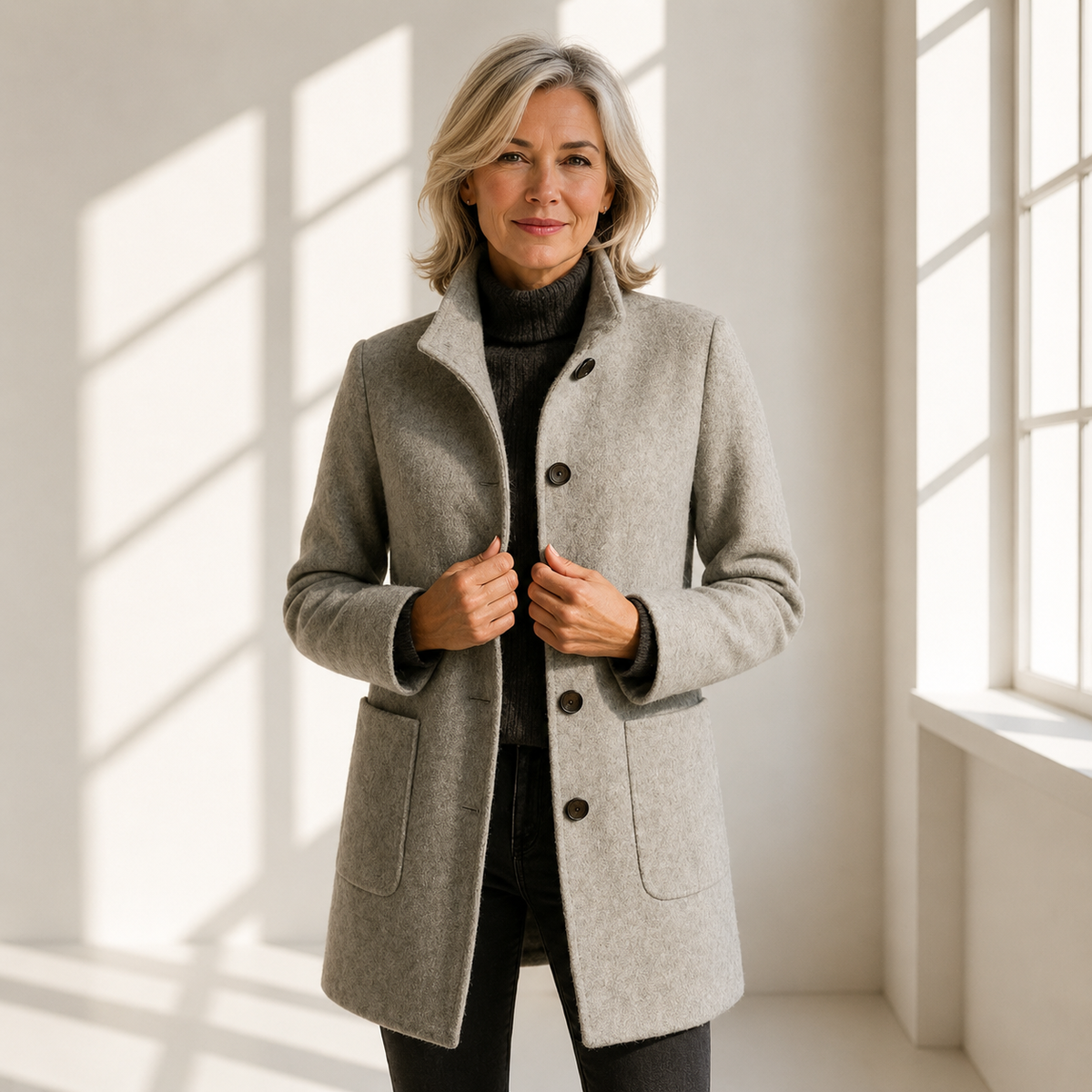 Manteau en laine gris, coupe mi-longue, boutonnage et poches, col chemise