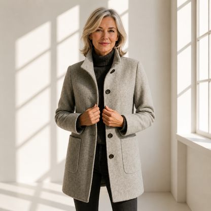 Manteau en laine gris, coupe mi-longue, boutonnage et poches, col chemise