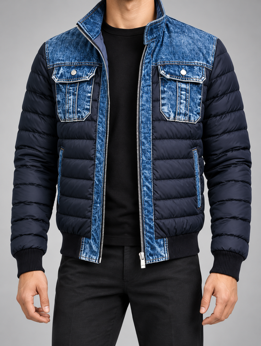 Veste en jean matelassée Thomas, denim bleu et poches à rabat boutonnées.