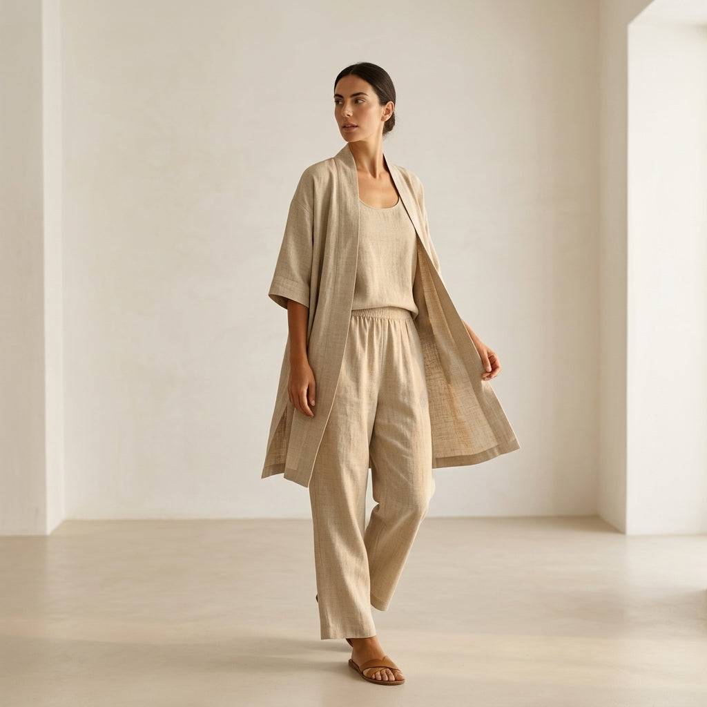 Ensemble en lin beige : veste légère ouverte, pantalon ample et top coordonné