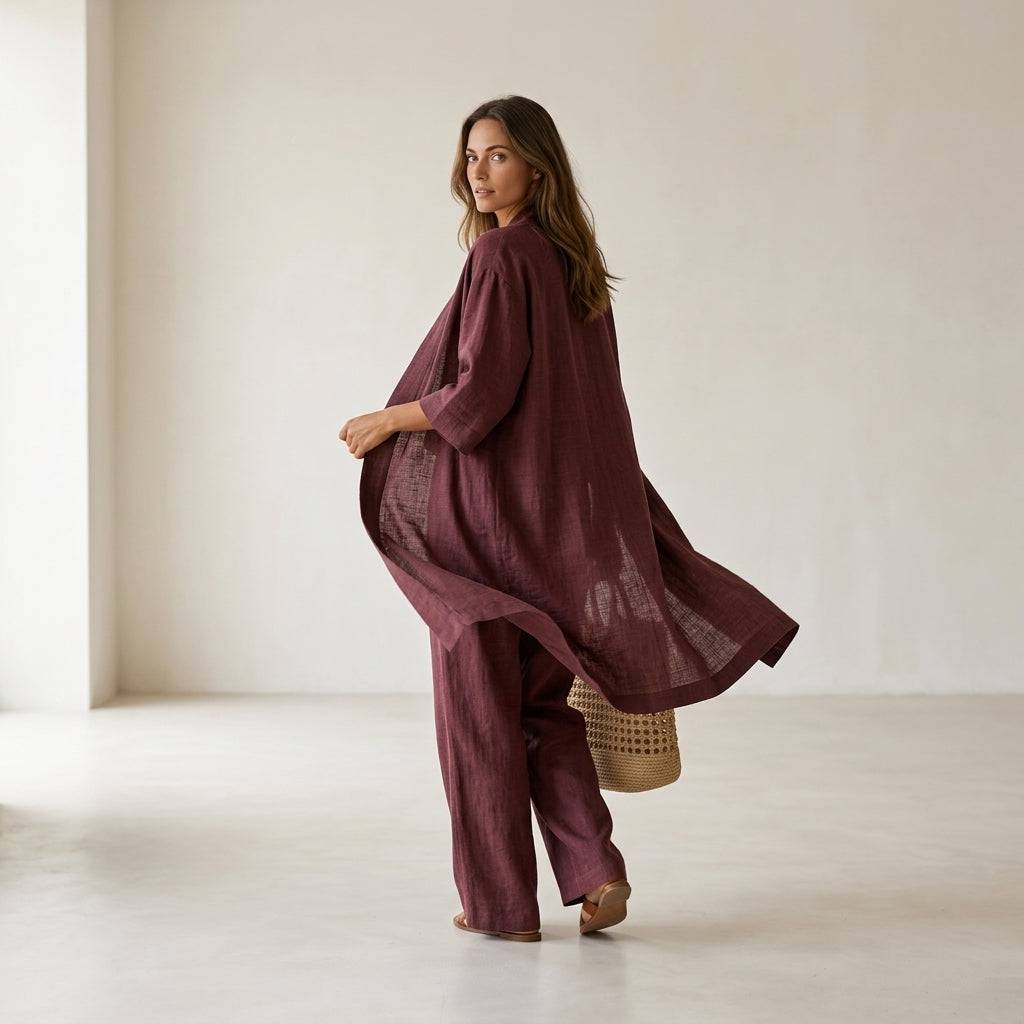 Ensemble en lin vin rouge : veste kimono fluide et pantalon ample, avec haut coordonné