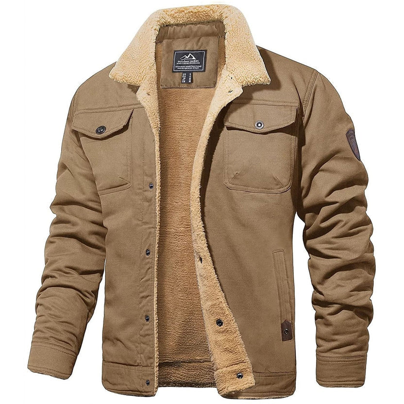 Blouson bomber chaud camel doublé sherpa beige, col montant et poches poitrine.