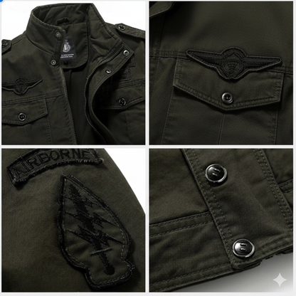 Veste militaire noire : écusson poitrine, patchs, boutons-pression et détails de couture.