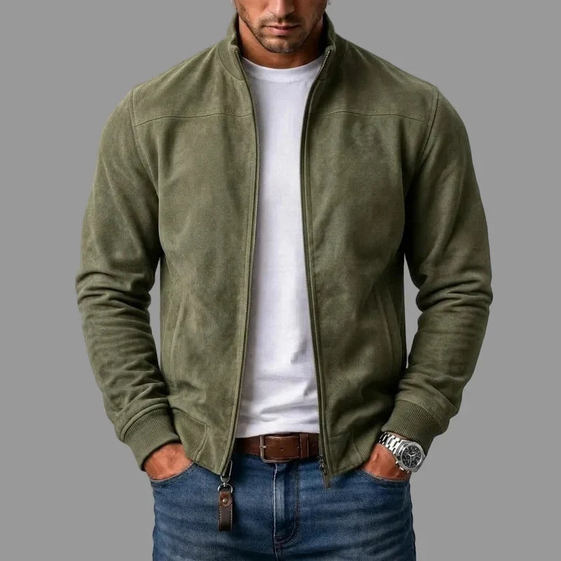 Blouson bomber vert olive à fermeture zippée, col montant et poignets côtelés