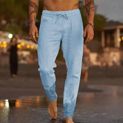 Pantalon en lin de plage bleu clair, taille élastique avec cordon, jambes resserrées