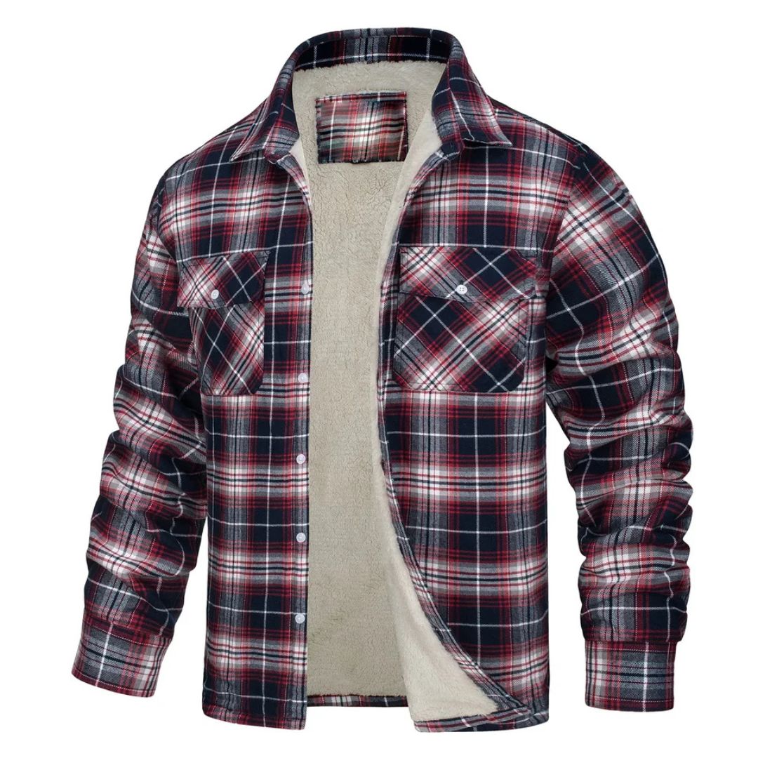 Veste à carreaux doublée polaire, rouge et bleu, fermeture boutonnée, poches poitrine
