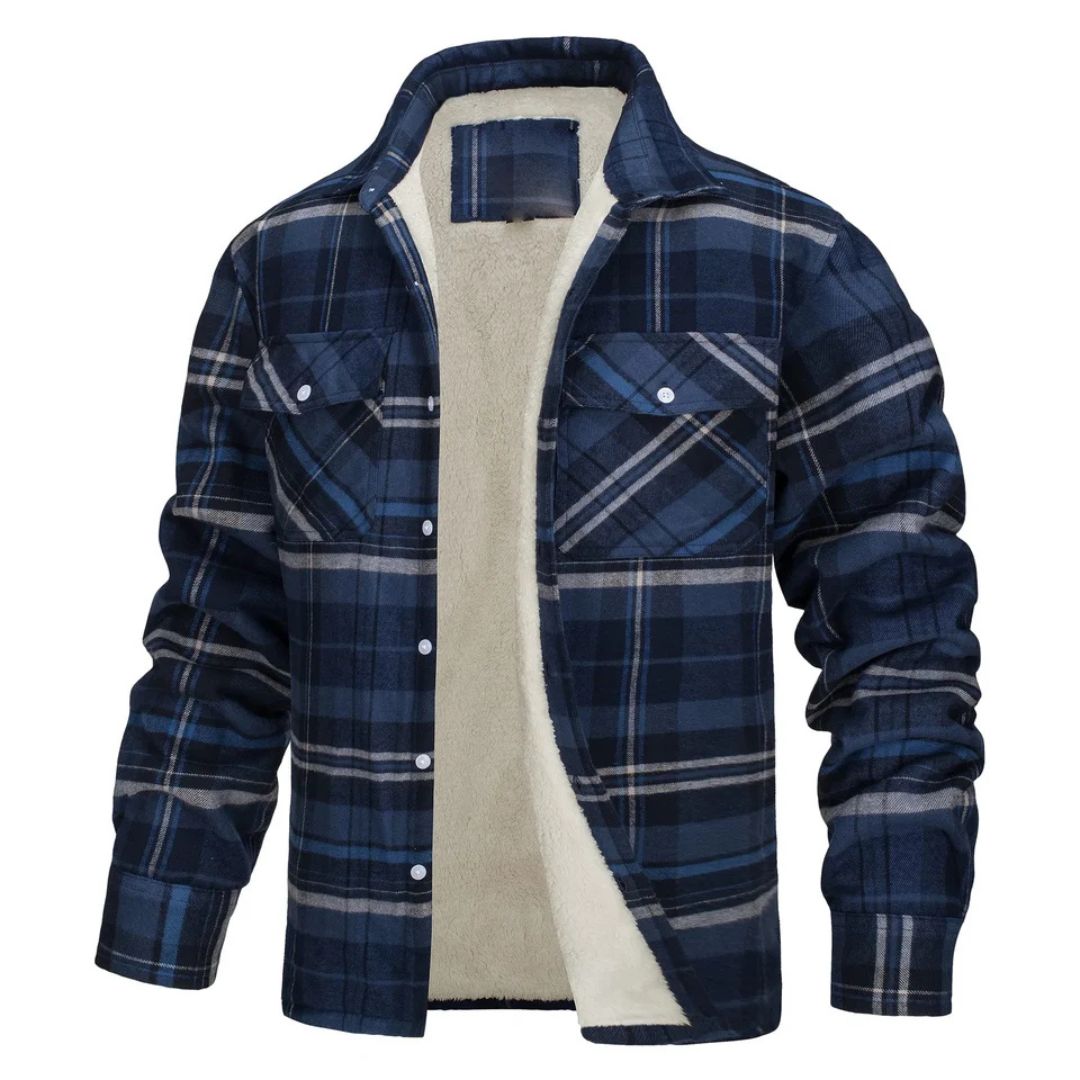 Veste à carreaux doublée polaire, bleu foncé et bleu, fermeture boutonnée, poches poitrine