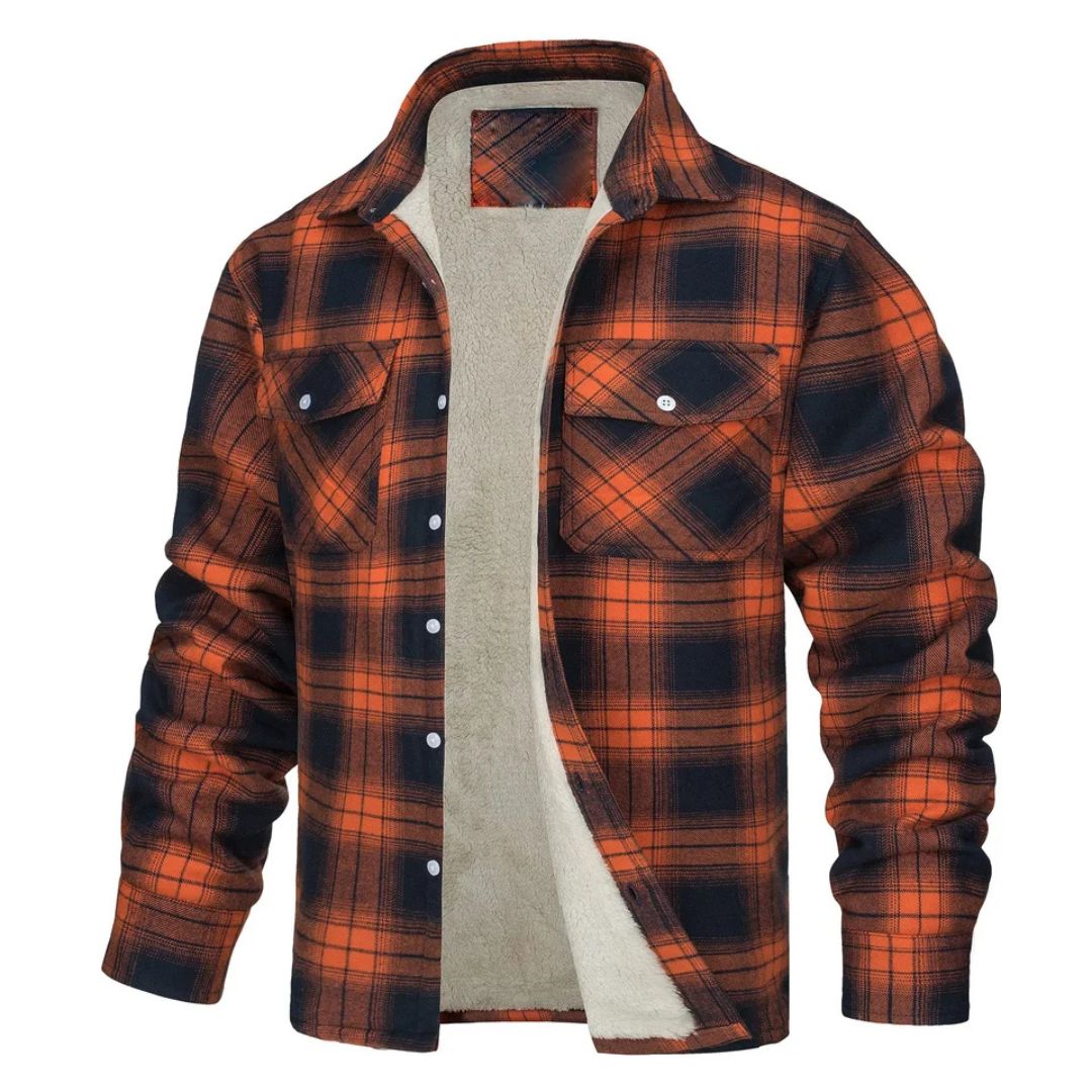 Veste à carreaux doublée polaire, orange et noir, fermeture boutonnée, poches poitrine