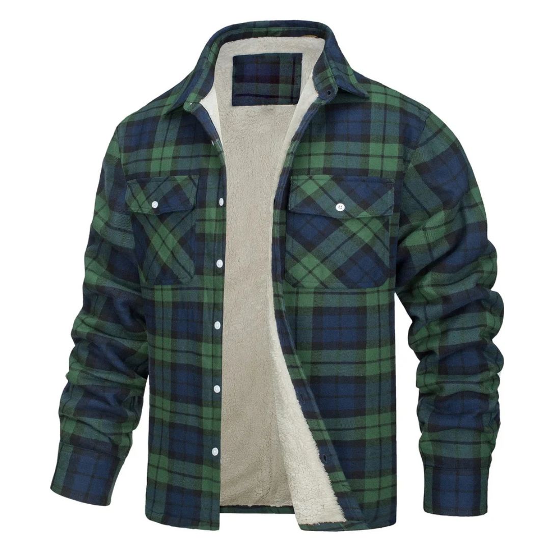 Veste à carreaux doublée polaire, vert et bleu foncé, fermeture boutonnée, poches poitrine