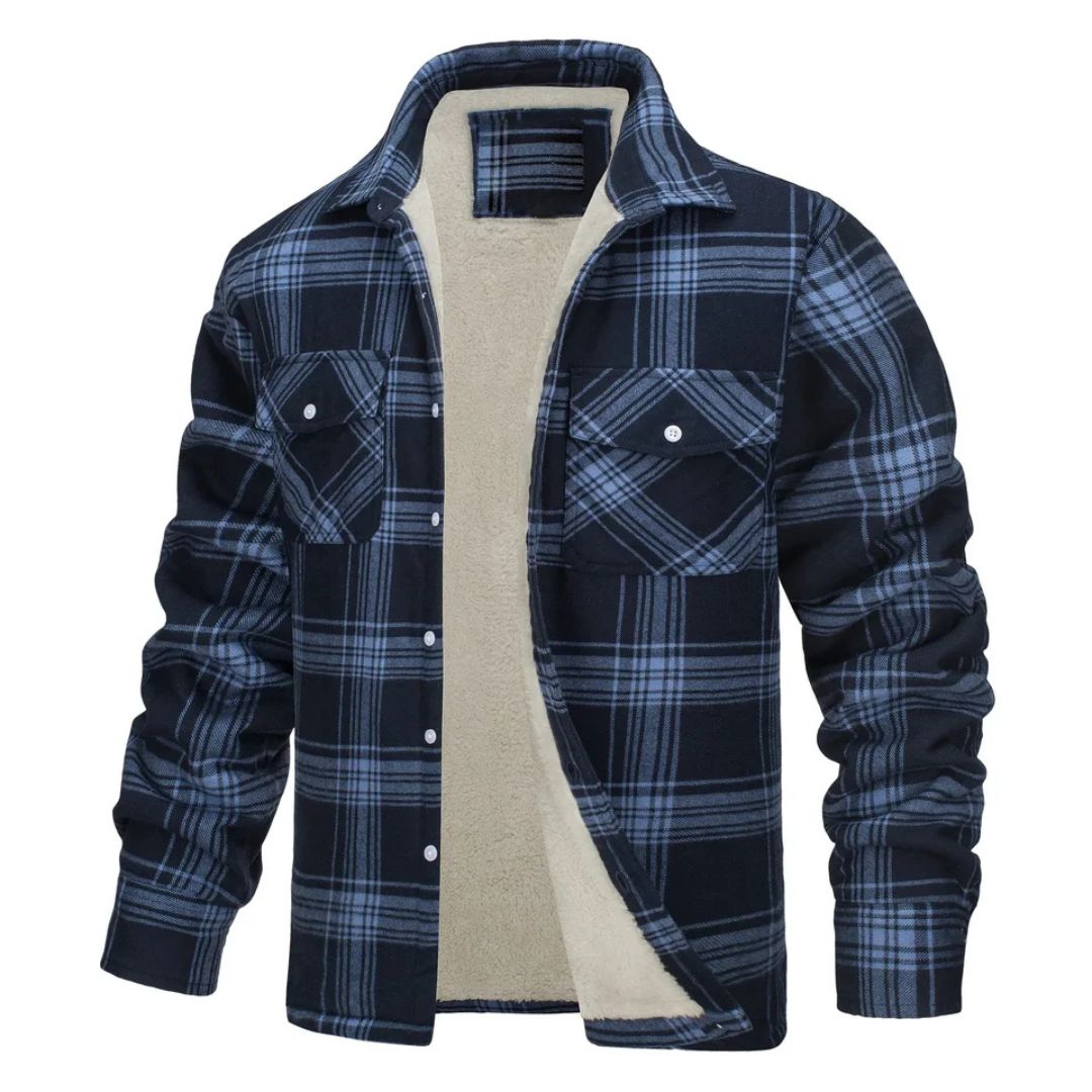 Veste à carreaux doublée polaire, bleu marine et bleu, fermeture boutonnée, poches poitrine