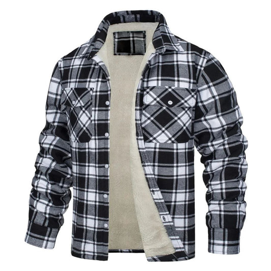 Veste à carreaux doublée polaire, noire et grise, fermeture boutonnée, poches poitrine