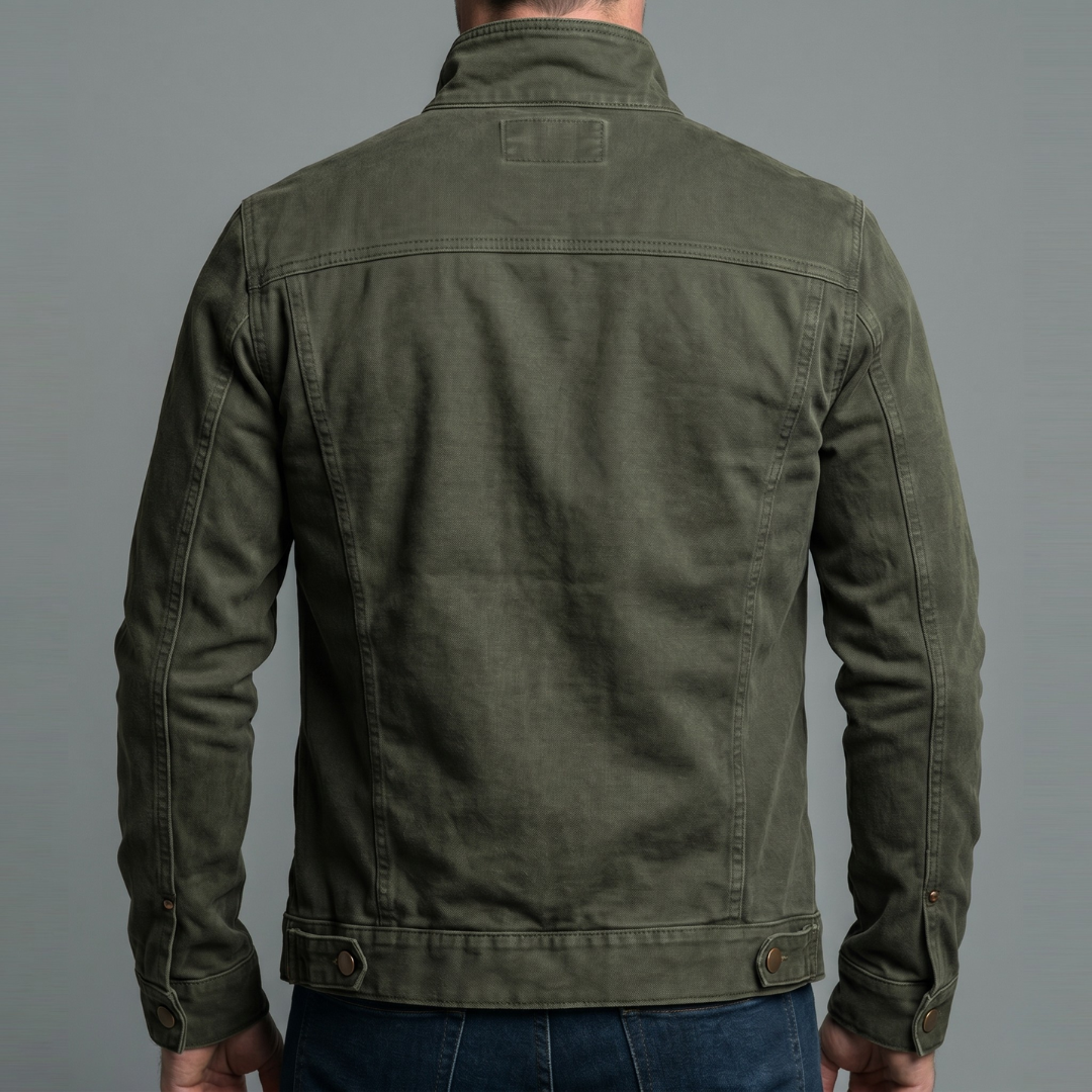 Veste vintage verte vue de dos, fermeture zippée et poignets boutonnés