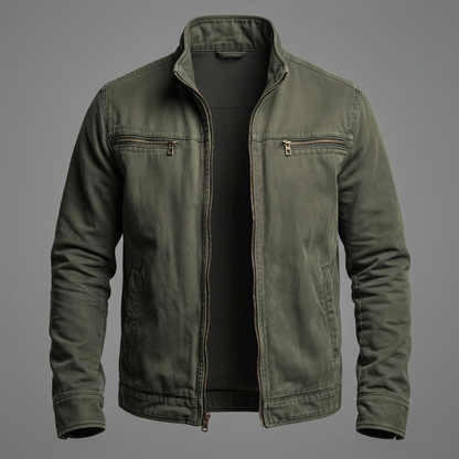 Veste vintage verte à fermeture zippée, col montant, deux poches poitrine zippées