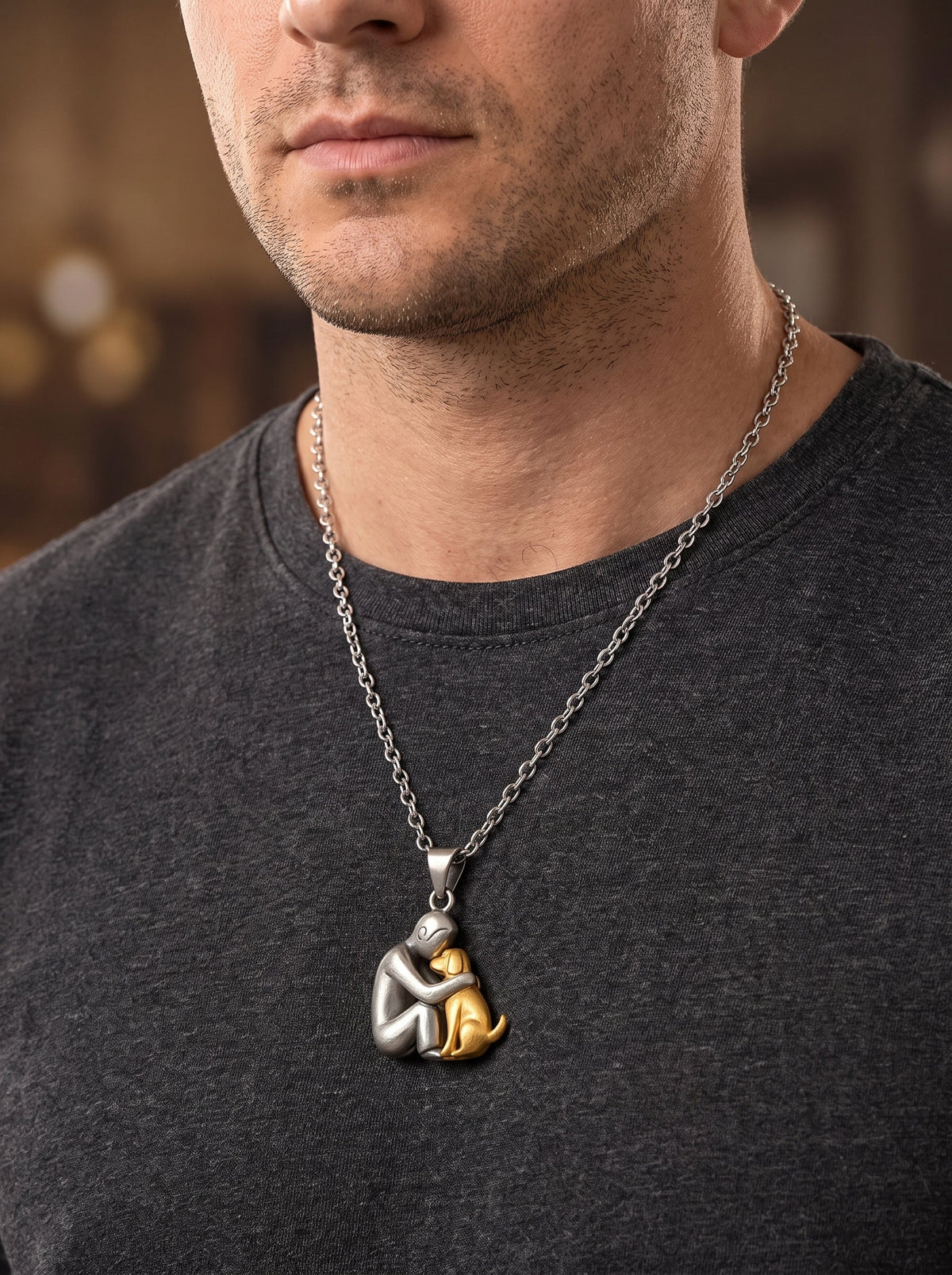 Collier argenté avec pendentif d’animal stylisé, détails dorés et noirs, chaîne longue