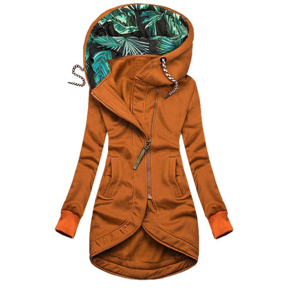 Manteau d’hiver coupe-vent orange à capuche motif feuillage, zip et poches latérales