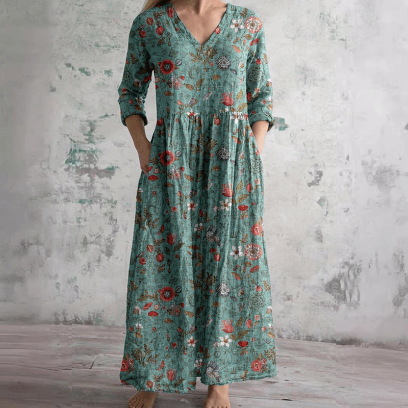 Robe d'été Olivia™ fleurie vert menthe, encolure V boutonnée, manches 3/4