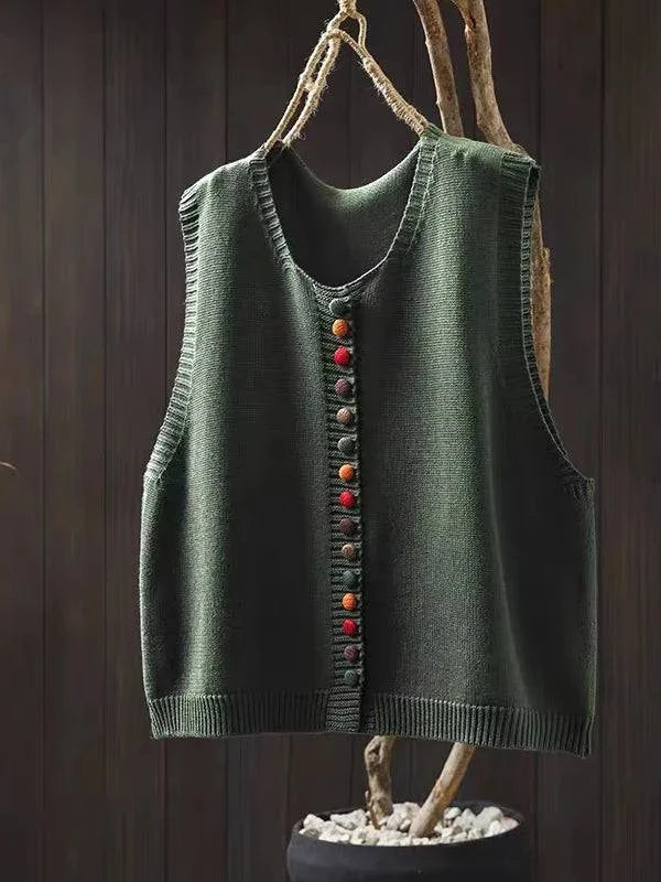 Gilet cardigan sans manches vert à patte de boutons multicolores