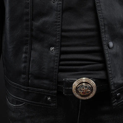 Veste en cuir noire Camden, fermeture boutonnée et poche latérale