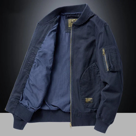 Blouson bomber vintage Sauveur bleu marine, fermeture zippée, poches latérales et patch