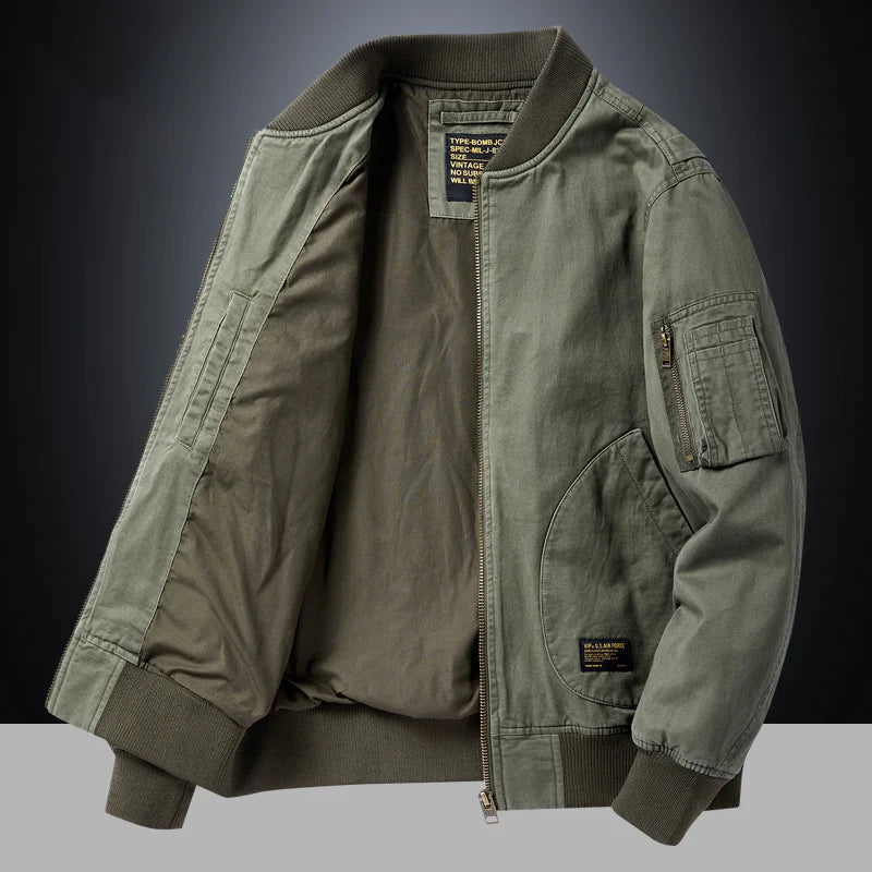 Blouson bomber vintage vert avec col montant côtelé et poche utilitaire à zip