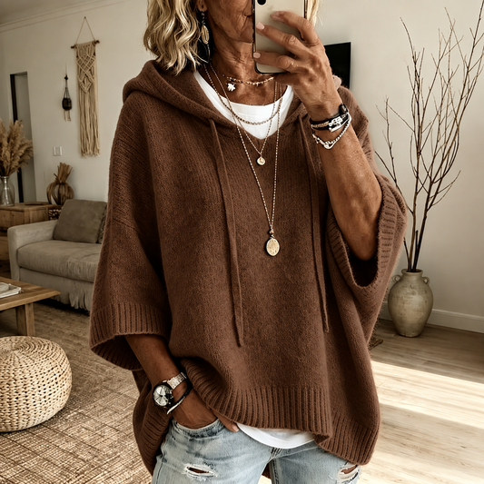 Pull poncho marron douillet à capuche, manches chauve-souris