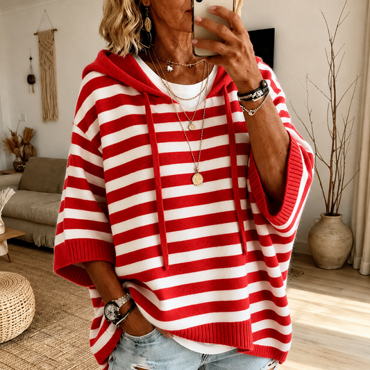 Pull poncho douillet à capuche, rayures rouges et blanches, manches amples