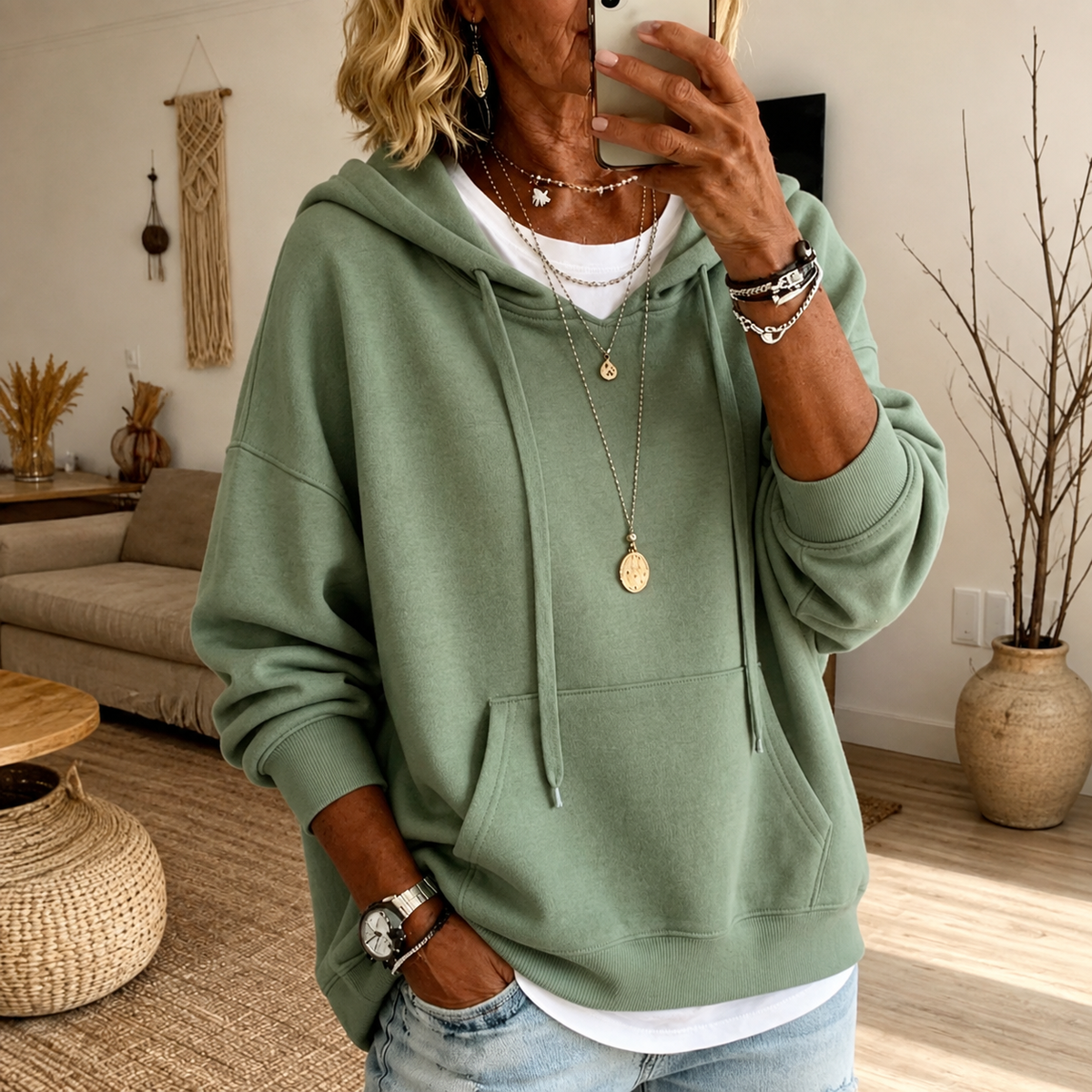 Pull à capuche vert sauge, manches longues, poche kangourou, cordons de capuche