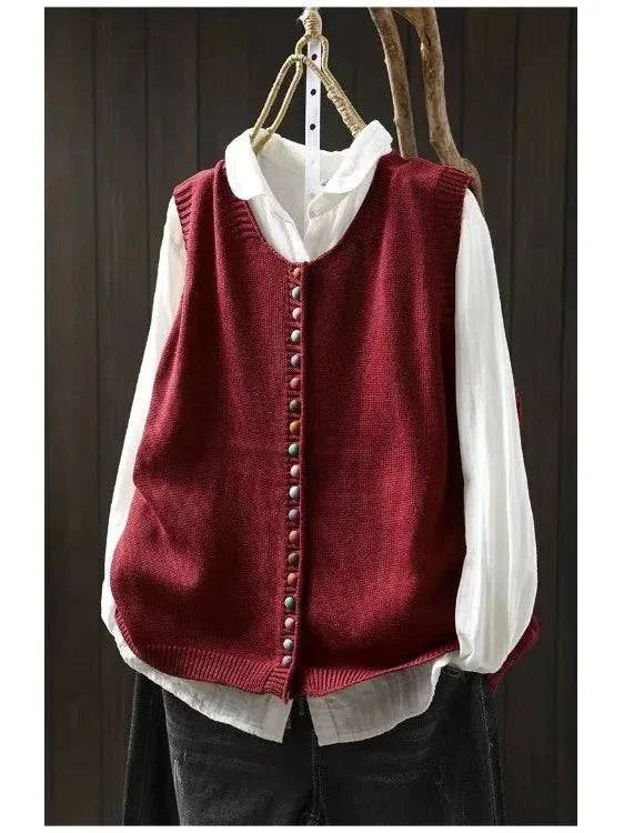 Gilet cardigan sans manches rouge bordeaux à rangée de boutons