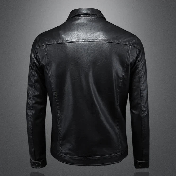 Veste en cuir noire, vue arrière, col montant et manches longues