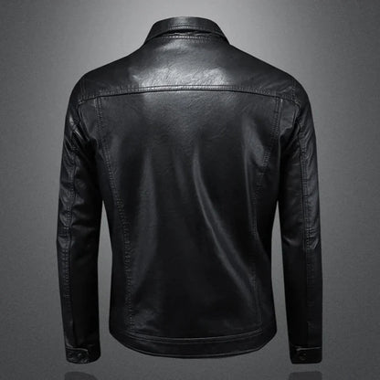 Veste en cuir noire, vue arrière, col montant et manches longues