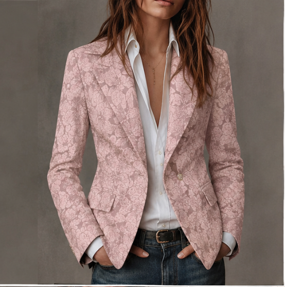 Blazer cintré rose pâle en jacquard à motif floral, col à revers et poche plaquée