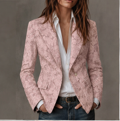 Blazer cintré rose pâle en jacquard à motif floral, col à revers et poche plaquée