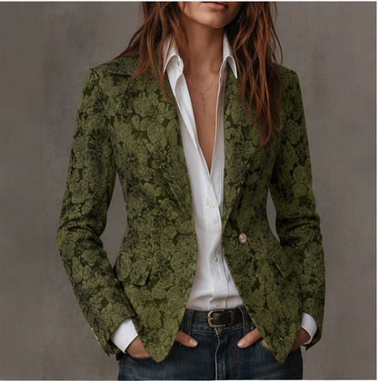 Veste blazer cintrée vert foncé en jacquard à motif floral, col à revers et bouton