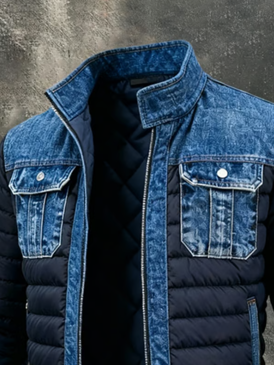 Veste en jean matelassée Thomas : col et poches en denim bleu, fermeture éclair.