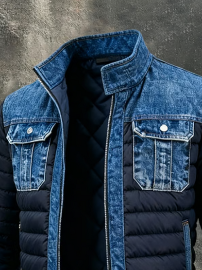 Veste en jean matelassée Thomas : col et poches en denim bleu, fermeture éclair.
