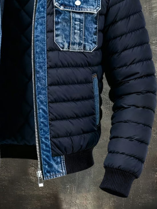 Veste en jean matelassée Thomas : poches latérales et bas côtelé, denim bleu.
