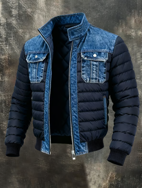 Veste en jean matelassée Thomas avec poches en denim bleu et manches matelassées.